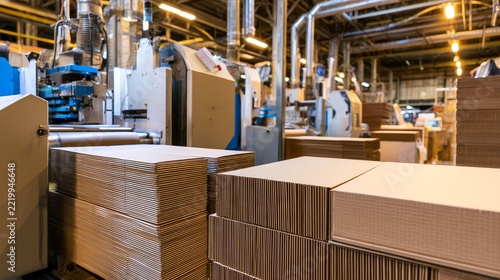 Stacked corrugated cardboard boxes fill the factory floor