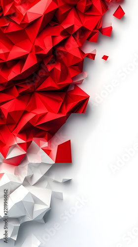 Abstract low poly structure combining red and white polygonal paper shapes creates a dynamic corner composition.
