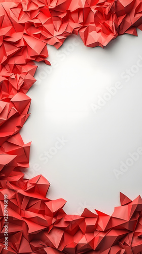 Origami paper art forms a vibrant red geometric frame around a clean white central background area.