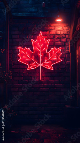 Neon maple leaf sign glowing red against a dark brick wall in an alleyway at night.