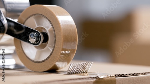 Close-up of tape dispenser on cardboard box