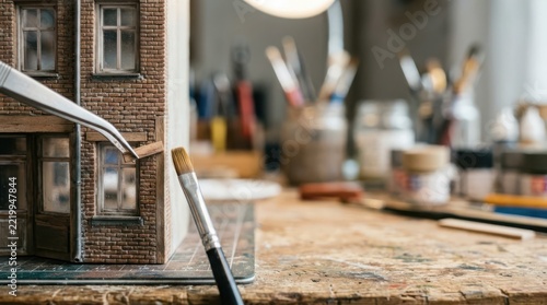 Close-up view of a detailed miniature building model being crafted with brushes and tools on a workbench