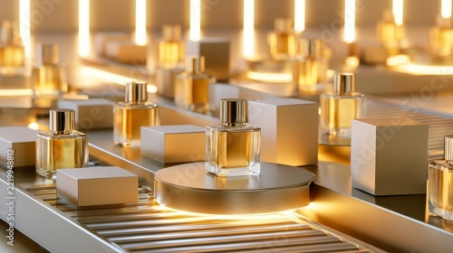 Golden bottles gleam on minimalist display