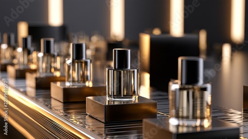Elegant perfume bottles gleam under warm lighting