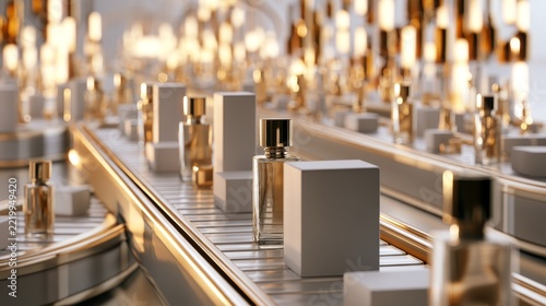 Golden bottles glide along assembly lines