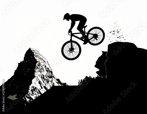 Extreme Mountain Biker Jumps Over Rocky Peaks From Cliff Edge High Contrast Graphic Concept