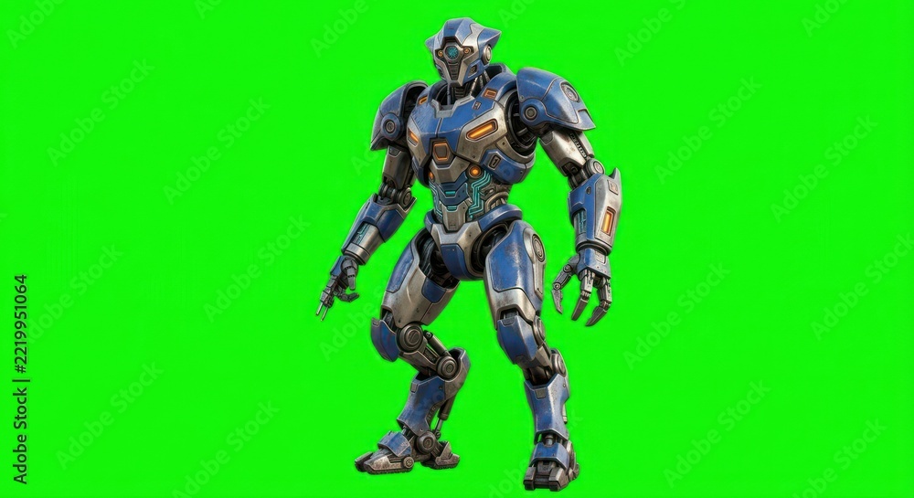 Fototapeta premium Futuristic blue combat robot isolated on green screen.