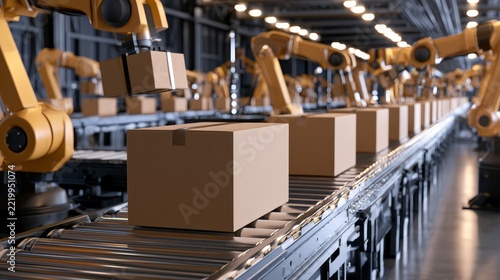 Industrial robots move boxes along conveyor belts