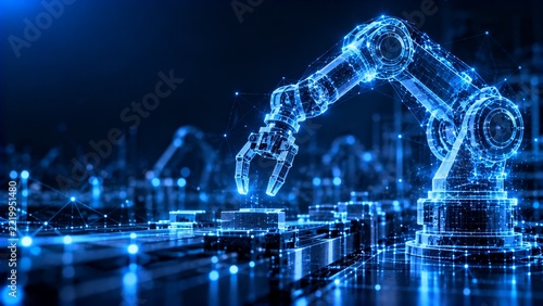 Holographic blue robotic arm operating over a smart factory assembly line with glowing digital grid, illustrating industrial automation, precision production technology