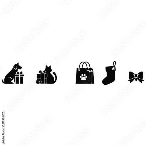 Pet themed holiday icons with animals gifts and bags for festive seasonal retail branding.