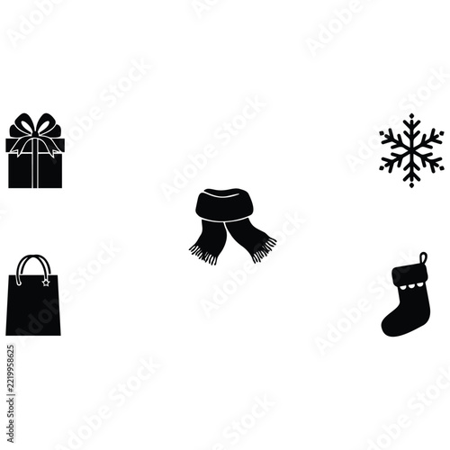 Winter season essentials icon collection containing gift bag scarf stocking and snowflake.