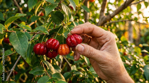 Hand picking ripe acerola cherries from a tree in golden hour sunlight