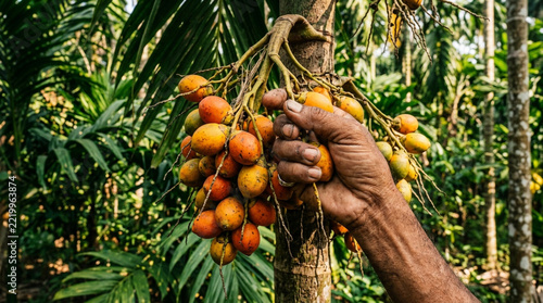 Hand picking ripe betel nuts from tree in tropical plantation