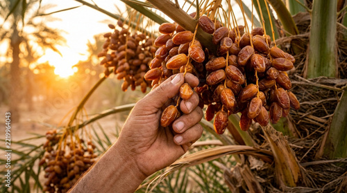 Hand picking ripe dates from palm tree at sunset, agriculture, organic food harvest