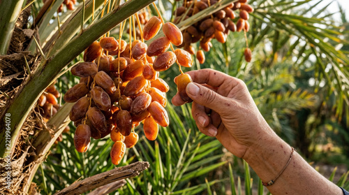 Hand picking ripe dates from palm tree orchard, sweet fruit harvesting closeup