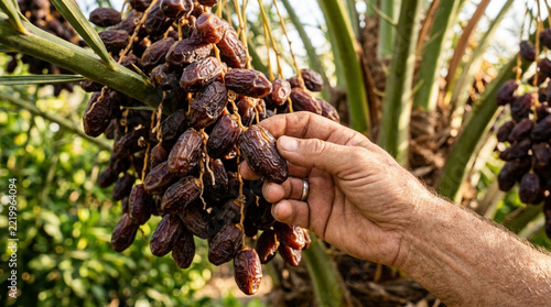 Hand picking ripe dates from palm tree, close-up, healthy organic food, desert agriculture