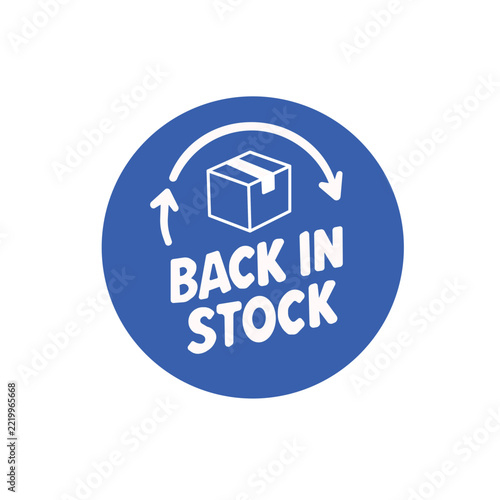 Back in stock blue circular badge with parcel box icon for retail e