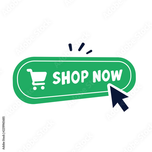 Green shop now button with shopping cart icon and mouse cursor for e