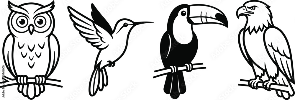 Fototapeta premium Wild Birds Line Art Vector Illustration Set with Owl Hummingbird Toucan Eagle