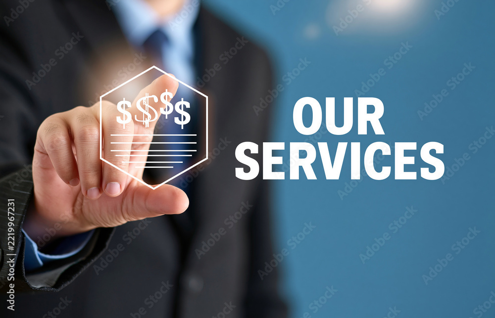 Obraz premium Businessman hand touching digital services icon with dollar