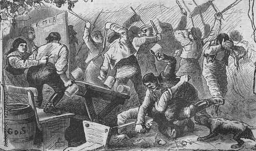 Fair, Kirchweih in Upper Bavaria, c. 1876, Germany, The obligatory brawl, historical, digital reproduction of an original 19th-century template, original date not known