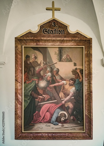 Stations of the Cross by an unknown artist in the ambulatory of the Catholic pilgrimage church of the Holy Trinity in Kappl, Waldsassen, Tirschenreuth district, Upper Palatinate, Bavaria, Germany. 3 Station, Jesus falls for the first time under the cross