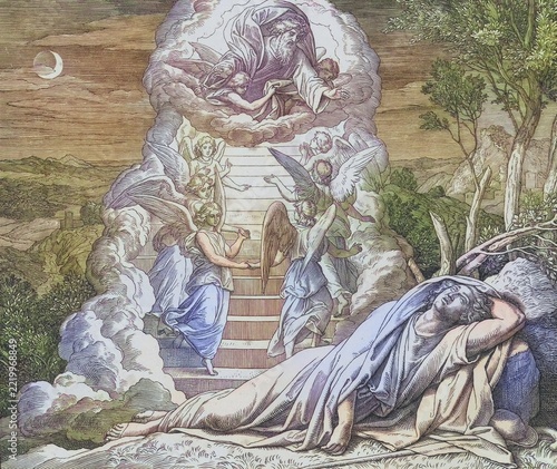 Biblical story, The vision of Jacob's ladder, ladder to heaven is an ascent and descent between earth and heaven, which Jacob sees in a dream vision during his flight from Esau from Be?er Sheva to Harran according to the biblical narrative in Gen 28, 11, digitally enhanced reproduction of a wood engraving by Julius Schnorr von Carolsfeld, historical, around 1860, exact date unknown