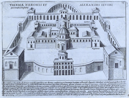 Thermae Neronis Et Alexandri Severi, the Baths of Nero and Severus Alexander, later the Church of St. Eustace. The Baths of Nero were built by Nero in 64 AD near the Pantheon, historical Rome, Italy, 1625, Rome, digital reproduction of an 18th century original, original date not known