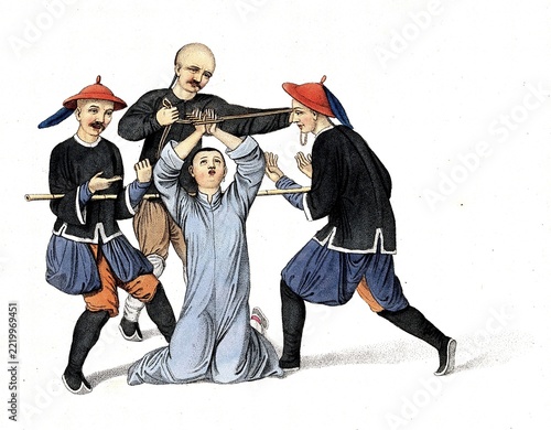 Torture, Punishment, Punishment, A Chinese man with his hands bound in a wooden grid kneels on the ground and is surrounded by two men with a long stick and one man with a rope, c. 1810, China, Historical, digitally restored reproduction from a 19th century original