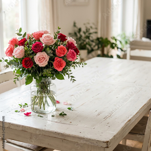 Elegant pink and red roses bouquet in clear vase on rustic white