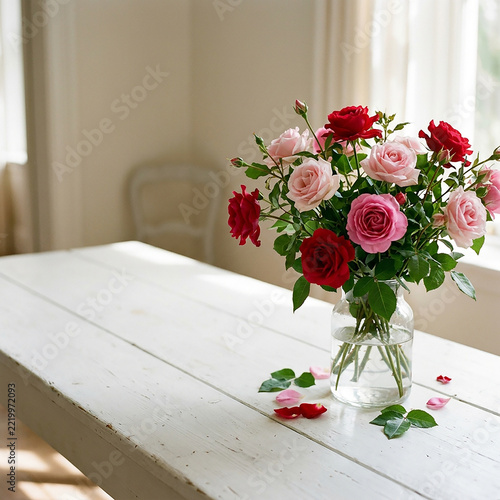 Elegant pink and red roses bouquet in clear vase on rustic wooden