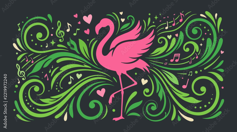 Fototapeta premium Pink Flamingo Dancing Amidst Musical Notes and Swirling Green Foliage with Hearts