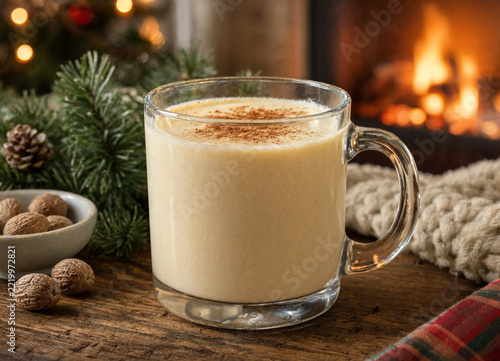 Glass mug of homemade traditional eggnog garnished with ground nutmeg near a warm fireplace