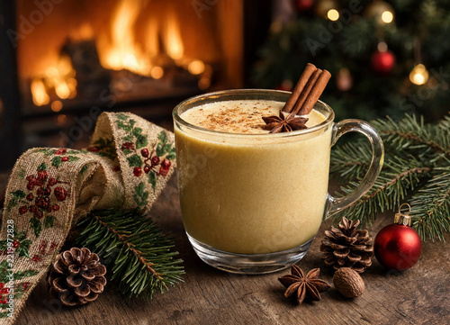 Glass mug of traditional eggnog holiday drink with cinnamon sticks and pine branches on wooden table