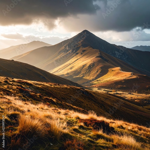 a mountain range with a grassy field and a cloudy sky