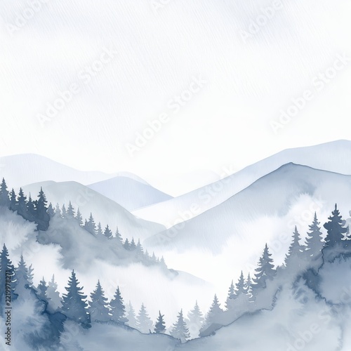 a mountain scene with trees and fog