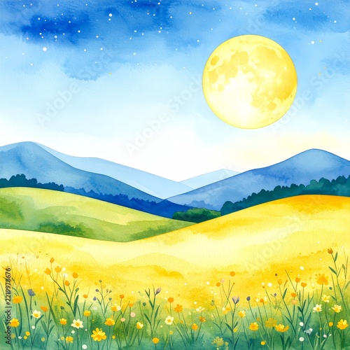 a painting of a field with flowers and a full moon