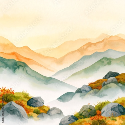 a painting of a mountain scene with a view of the mountains