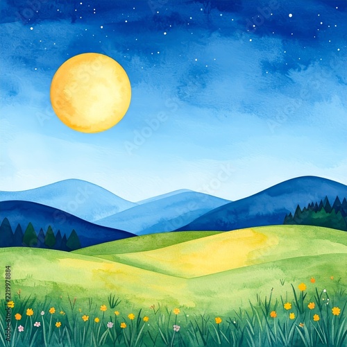 a painting of a night scene with a full moon