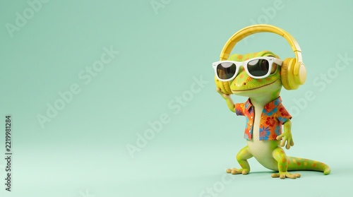 Green Gecko in Tropical Shirt Wearing Headphones and Sunglasses