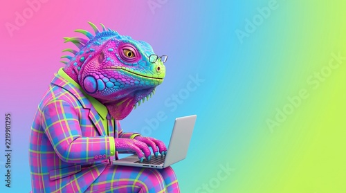 Colorful Iguana in Plaid Suit Working on Laptop Against Vibrant Gradient Background
