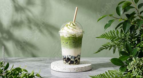 Layered iced matcha latte with whipped cream and grass jelly in takeaway cup on white terrazzo podium with shadow copy space