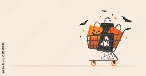 Halloween shopping. Shopping cart full of shopping bags and boxes with a flying bats around. Flat vector illustration
