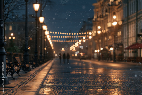 Snowy evening street scene with glowing lights and