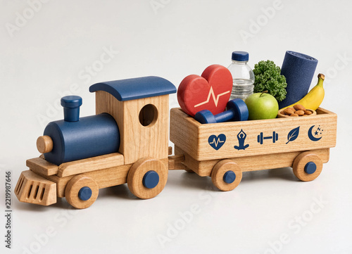 A wooden toy train carrying healthy lifestyle items like fruits and fitness equipment in its cart