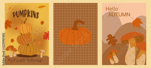 Autumn Poster Templates. Fall Leaves, Pumpkins and mushrom elements.