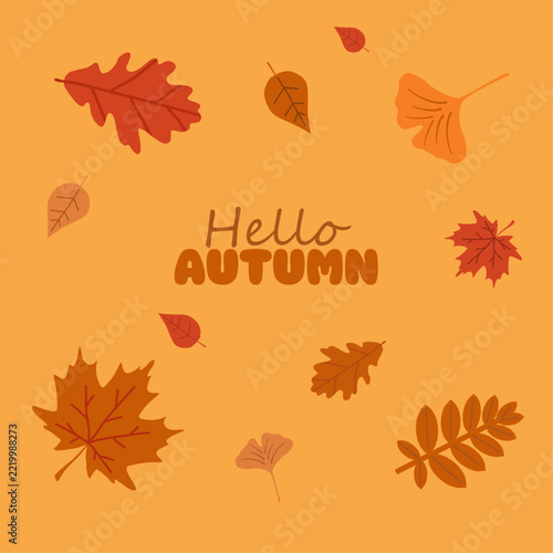 Hello autumn greeting with colourful falling leaves.