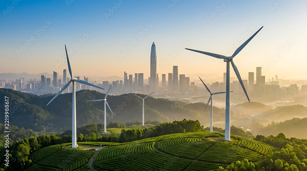 Fototapeta premium Wind turbines generate clean energy on rolling green hills with a modern city skyline in background at sunrise.