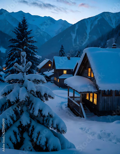 Cozy snowcovered wooden houses nestled in a serene mountain village at twilight
