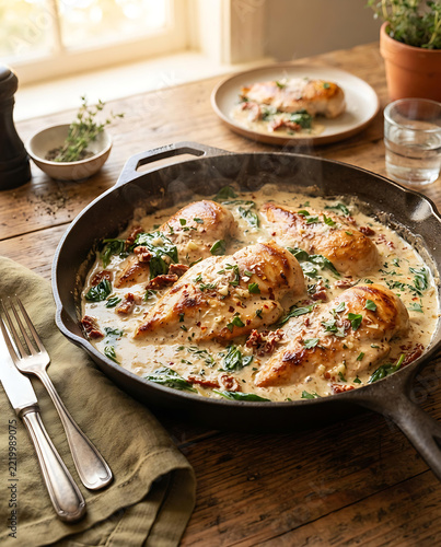 Delicious creamy chicken breasts with spinach and sundried tomatoes in a cast iron skillet